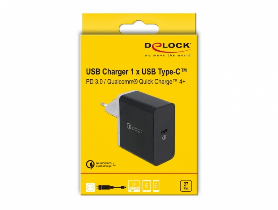 Imagine Incarcator priza USB-C PD 3.0 / Qualcomm® Quick Charge 4+ 27W, Delock 41444
